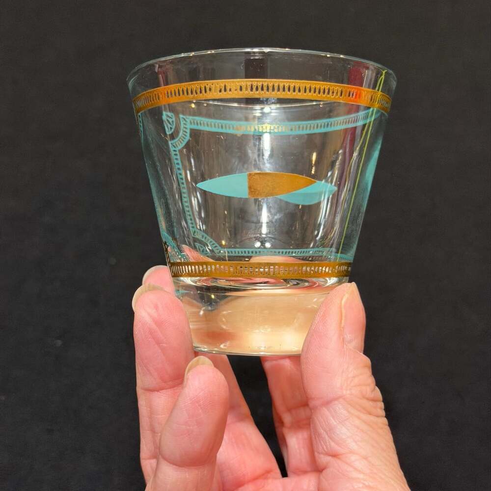 Fred Press Mid Century 22k Gold & Aqua Trojan T’ang Horse Cocktail Glass One (1)
